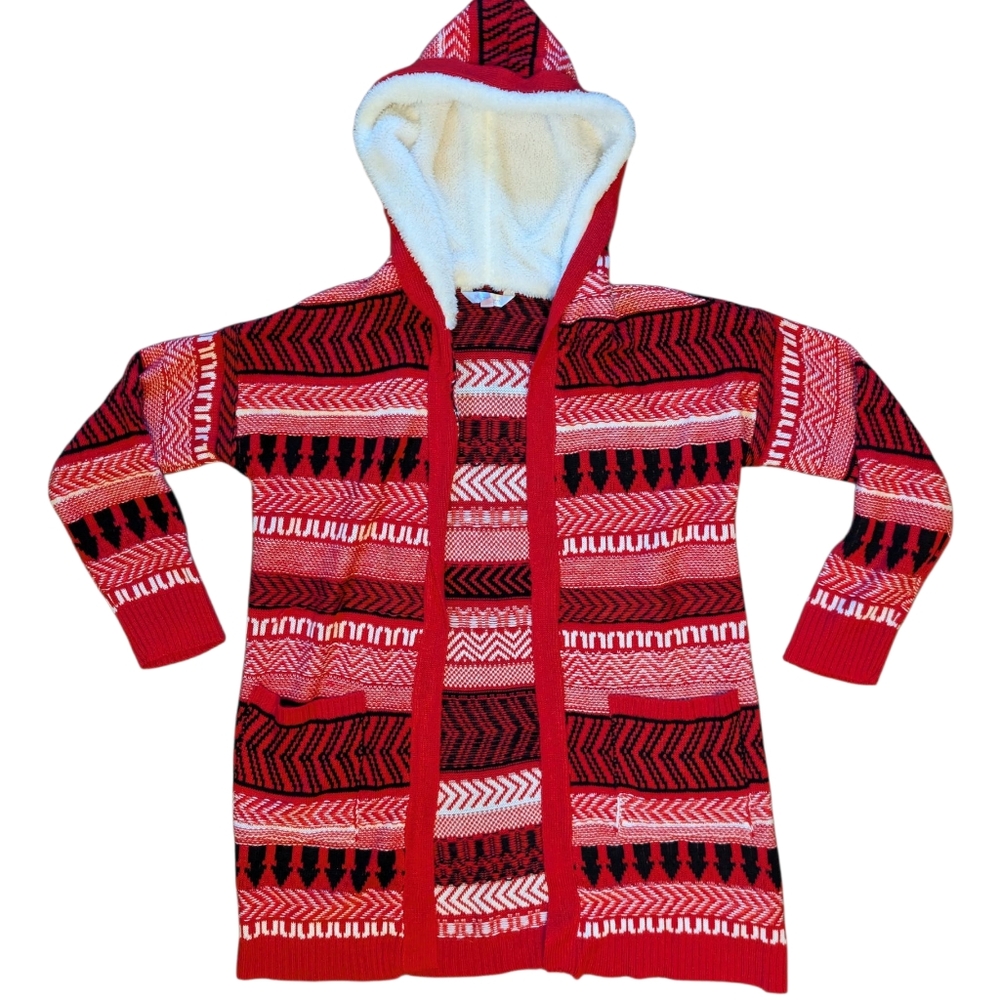 No Boundaries Red and Black‎ Holiday Hooded Cardigan Women's Large